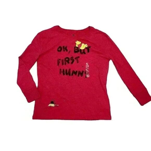 Disney Girl's Red Cotton/Poly Winnie the Pooh Hunny Crew Neck Long Sleeve T-shir - Picture 2 of 10